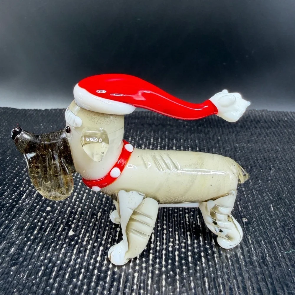 Pier 1 Blown Glass Schnauzer Dog Figurine Santa Hat Christmas Holiday 3 Inch‎